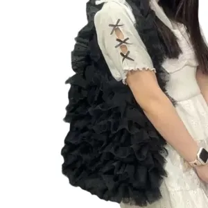 Japanese niche design black mesh ruffle shoulder tote bag large capacity summer fashion women