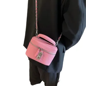 Pink vanity box shoulder bag with chain strap, top handle and chic front lock closure.