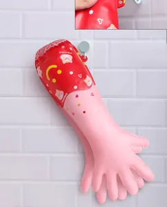 Long household cleaning gloves with cute bear patterns, waterproof kitchen washing gloves.