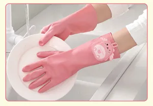Pink household dishwashing gloves waterproof anti-slip kitchen cleaning cleaning gloves detail