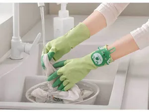 Household rubber cleaning gloves with cute cartoon design, waterproof kitchen dishwashing gloves.