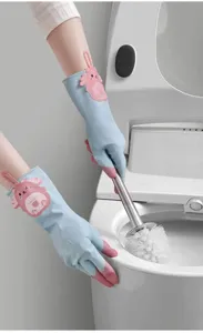 Household cleaning gloves detail view showing waterproof rubber material and cute cartoon design.