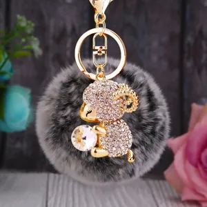 Fluffy pom pom rhinestone ram keychain cute crystal sheep bag charm metal key ring pendant