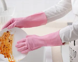 Durable pink household cleaning rubber gloves waterproof non-slip for kitchen dishwashing