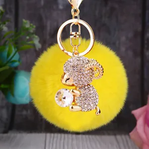Cute rhinestone sheep plush pom pom keychain fluffy bag charm gold metal keyring gift
