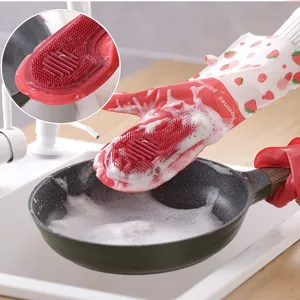 Multifunctional Silicone Cleaning Gloves Waterproof Rubber Dishwashing Gloves with Scrub Brush Strawberry Pattern