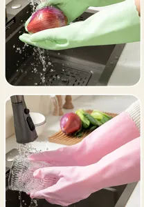 Kitchen rubber cleaning gloves detail with waterproof design and anti-slip texture for washing.