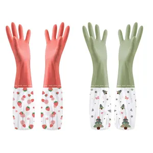 Long waterproof dishwashing gloves for kitchen cleaning, winter durable PVC cute strawberry design