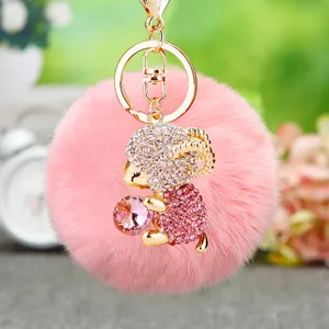 Cute Crystal Rhinestone Sheep Keychain With Fluffy Pom Pom Metal Key Ring Bag Charm Car Key Holder