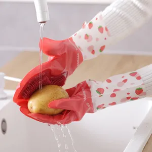 Multi-functional silicone dishwashing gloves with scrubbing brush for kitchen cleaning and housework.