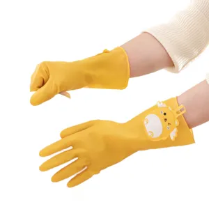 Yellow PVC household cleaning gloves with cute cartoon wings design, waterproof and durable.