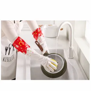 Long waterproof household cleaning gloves for kitchen dishwashing and washing, red white.