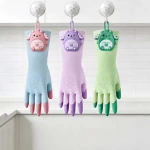 Household natural latex cleaning gloves with cute cartoon design, waterproof and anti-slip for kitchen.
