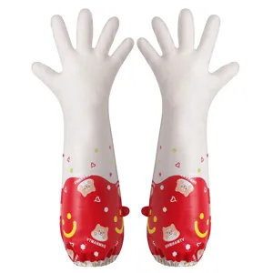 Extended waterproof household cleaning rubber gloves with cute cartoon design for kitchen use