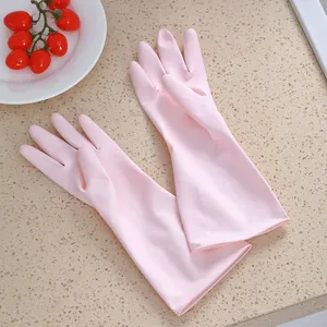 Pink rubber household cleaning gloves, durable waterproof dishwashing gloves for kitchen use