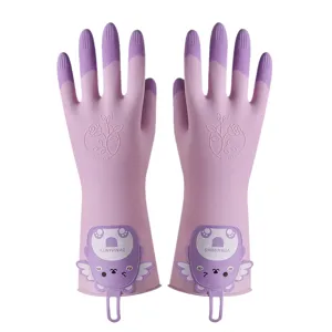 Durable purple latex household cleaning gloves with cute bear cuff for kitchen tasks.