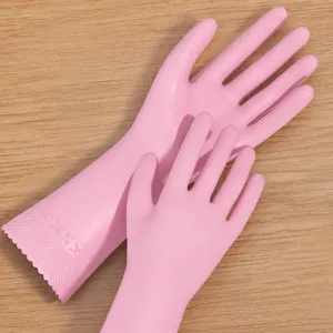 Pink rubber household cleaning gloves, durable waterproof dishwashing gloves with anti-slip design for kitchen use.
