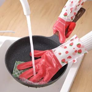 Durable PVC Household Cleaning Gloves Waterproof Dishwashing Gloves with Long Sleeves Strawberry Christmas Styles For Women