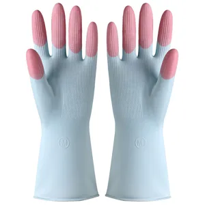 Waterproof rubber cleaning gloves for kitchen housework, thick and durable blue pink design.