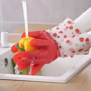 Durable PVC household cleaning gloves with cute strawberry pattern for waterproof dishwashing.