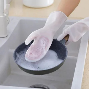 Multi-functional household dishwashing gloves with built-in soft brush for kitchen cleaning.