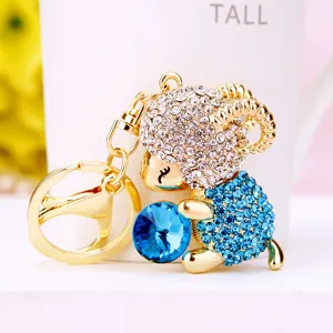 Cute rhinestone sheep keychain with blue crystal ball, metal key ring bag pendant.