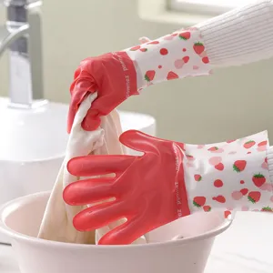 Durable PVC household cleaning gloves with cute strawberry pattern for dishwashing and laundry.