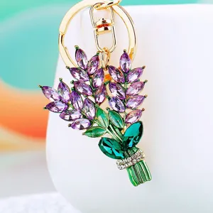 Metal Lavender Bouquet Keychain Rhinestone Car Key Ring Cute Bag Pendant Fashion Key Chain Gift For Women