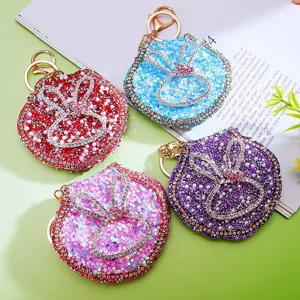 Glitter Rhinestone Rabbit Ear Mirror Keychain Cute Pearl Cosmetic Pendant Gift For Women