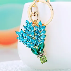 Rhinestone Lavender Flower Keychain Crystal Bouquet Bag Pendant Metal Key Ring Decor