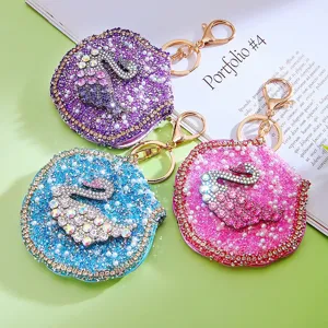 Rhinestone Swan Makeup Mirror Keychain Cute Bag Pendant Sparkling Crystal Key Ring Gift
