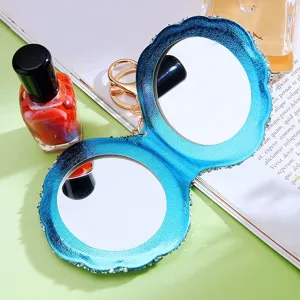 Blue rhinestone folding pocket mirror keychain cute double-sided makeup mirror charm