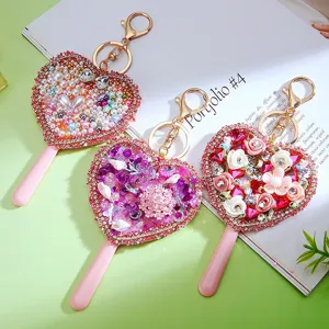 Cute heart rhinestone makeup mirror keychain portable bag pendant sparkling crystal charm key ring