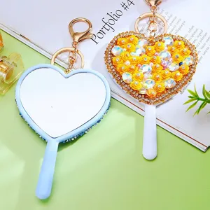Heart-shaped rhinestone flower mirror keychain cute women bag pendant portable makeup mirror