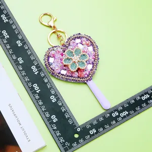 Diamond heart lollipop mirror keychain cute bag charm sparkling accessory for women
