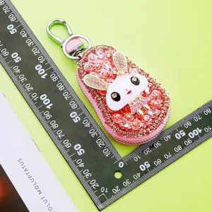 Pink rhinestone cute rabbit car key case with metal hook, sparkly bling key ring pouch.