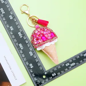 Creative rhinestone ice cream keychain, stylish PU leather bag charm pendant for gifts.
