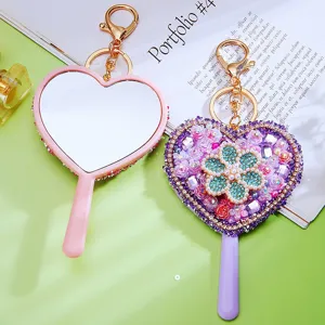 Heart-shaped mirror keychain with rhinestones, cute purse charm bag pendant makeup mirror.