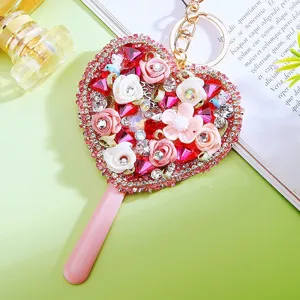 Heart Shaped Makeup Mirror Keychain Rhinestone Pearl Sweet Style Bag Pendant Car Key Ring For Women