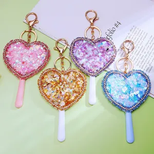 Heart shaped sequin glitter keychain mirror cute women bag pendant diamond makeup keyring