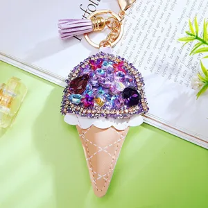Rhinestone ice cream keychain PU leather bag charm cute sparkling tassel keyring accessory