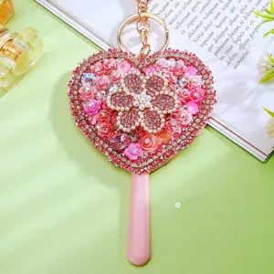 Cute heart rhinestone handheld mirror keychain sparkling bag pendant cosmetic ring gift