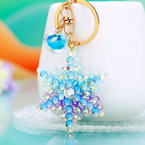 Beautiful rhinestone snowflake keychain, exquisite blue crystal bag pendant, cute metal ring gift.