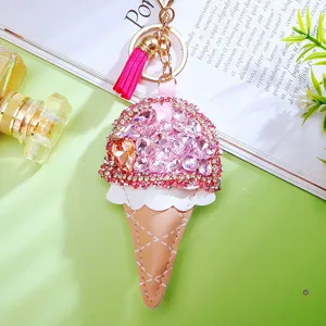 Rhinestone ice cream keychain PU leather bag charm cute sweet sweet accessory for keys.