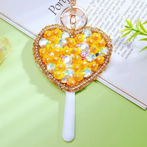 Rhinestone heart mirror keychain cute floral bag pendant portable makeup charm accessory detail