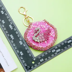 Rhinestone Swan Keychain Pink Compact Mirror Cute Bag Pendant Metal Ring Key Ring Decor