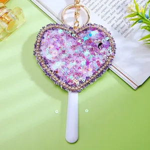 Heart shaped liquid glitter keychain mirror rhinestone cute bag pendant charm accessory.