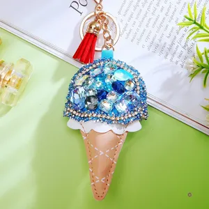 Cute Ice Cream Keychain PU Leather Rhinestone Tassel Bag Pendant Metal Key Ring Fashion Charm Jewelry Gift