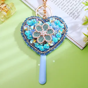 Rhinestone heart lollipop mirror keychain cute women bag pendant key ring makeup gift