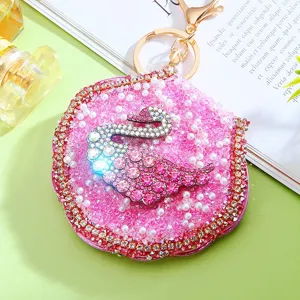 Cute Rhinestone Swan Mirror Keychain Women Bag Pendant Portable Makeup Mirror Metal Key Ring Gift